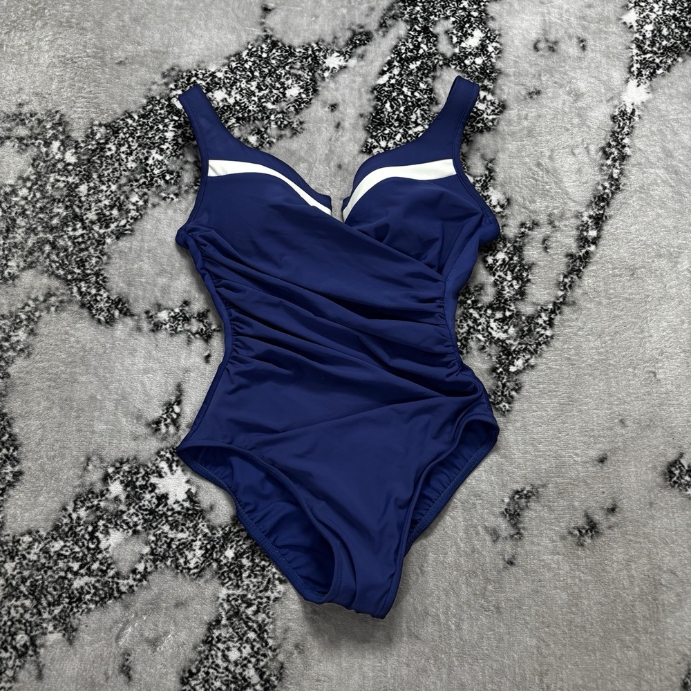 Miraclesuit Swimsuit Womens Size 10 Blue White Ruched Wrap Front One Piece
